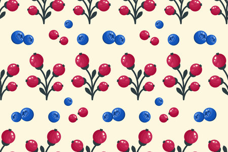 Berry Seamless pattern. Berries background. Bunch of red currants and blueberry. Whole Ripe fruits...