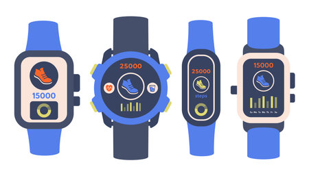 Step tracking. Set of Smart watch with pedometer app. Step counter on digital elements. Hand watch screen with Activity tracker icon. Notification. Wellness and healthy concept. Vectorのイラスト素材