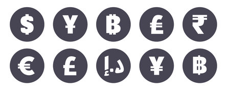 Set of currency icons. Money symbols isolated. Bitcoin sign. American Dollar icon. Euro money sign. Yen, Dirham, Pound, Ruppy, Yuan.Vector illustration for banking, mobile apps, websitesのイラスト素材