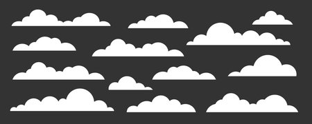Cloud icon set. Hand drawn doodle clouds isolated on white background. Sky elements. Weather and data clouds symbols. Vector flat illustration for kids, school background, web, mobile, interfaceのイラスト素材