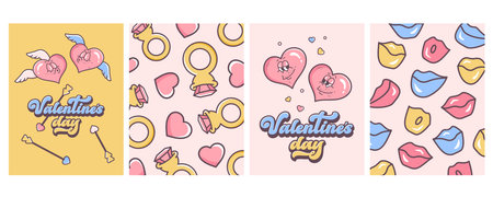 Happy Valentine's Day. Set of Valentine backgrounds. Cartoon comic hearts, Kissing lips, rings with diamond, cupid arrow. Retro valentine cards in 60s 70s cartoon style. Vectorのイラスト素材