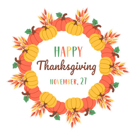Thanksgiving wreath. Pumpkin frame isolated on white background. Autumn foliage border. Circular Fall design with seasonal leaves. Vector illustration for invitations, labels, packaging, cardsのイラスト素材