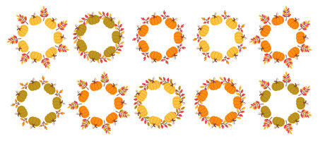 Set of Pumpkin wreath isolated.  Autumn foliage frame. Fall design. Thanksgiving borders collection. Round frames with seasonal leaves. Vector illustration for invitations, labels, packaging, cardsのイラスト素材