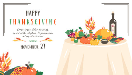 Thanksgiving table. Greeting card with autumn elements, harvest, wine, pumpkins, corns, fruits. Thanksgiving dinner template. Festive Fall frame. Vector flat illustrationのイラスト素材