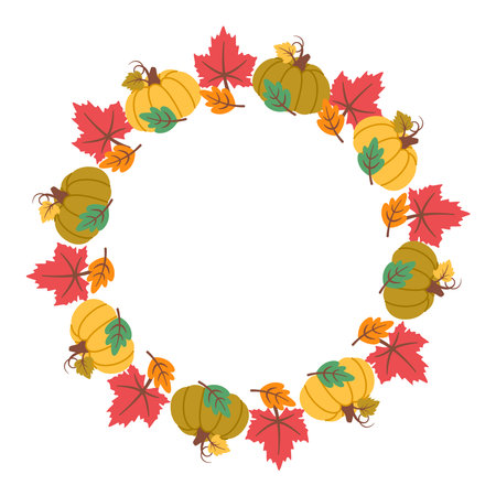 Pumpkin wreath isolated on white background.  Autumn foliage frame. Fall design. Thanksgiving border. Circular frame with seasonal leaves. Vector illustration for invitations, labels, packaging, cardsのイラスト素材