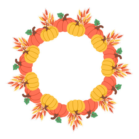 Pumpkin frame isolated on white background.  Autumn foliage wreath. Fall design. Thanksgiving border. Circular frame with seasonal leaves. Vector illustration for invitations, labels, packaging, cardsのイラスト素材
