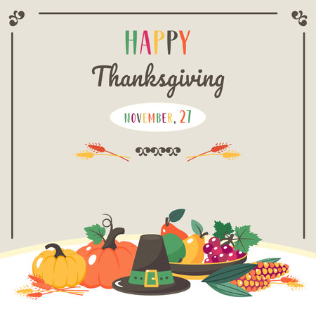 Happy Thanksgiving Day. Thanksgiving dinner invitation template. Greeting card with autumn elements, harvest, Thanksgiving hat, pumpkins, corns, fruits. Festive Fall frame. Vector flat illustrationのイラスト素材