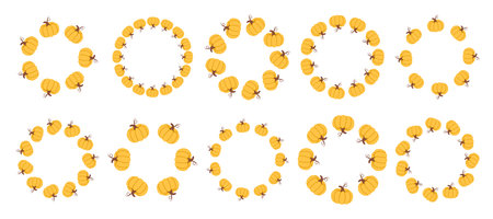 Round Pumpkin frames template. Set of Pumpkin wreath isolated on white background. Autumn design. Thanksgiving frame. Halloween border.  Vector illustration for invitations, labels, packaging, cardsのイラスト素材