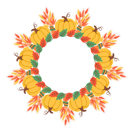 Pumpkin frame isolated on white background.  Autumn foliage wreath. Fall design. Thanksgiving border. Circular frame with seasonal leaves. Vector illustration for invitations, labels, packaging, cardsのイラスト素材