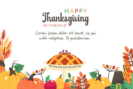 Thanksgiving banner. Holiday background with pumpkins pie, thanksgiving hat,  harvest, wheat, corns. Thanksgiving invitation. Vector flat cartoon illustration for celebration, sale, advertisingのイラスト素材