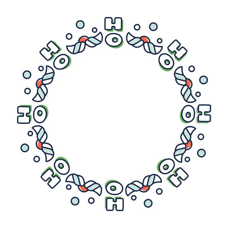 Cartoon Christmas wreath. Cute circular frame made of colorful holiday icons with outline. Vector illustration for winter designs, posters, stickers, invitations, and festive decorationsのイラスト素材