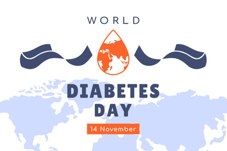 World Diabetes Day banner. Poster template with drop of blood. People of different nationality raising awareness about diabetes. Blue ribbon symbol of unity, prevention and global health. Vectorのイラスト素材