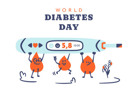 Diabetes day. Cute blood drops holding glucometer showing normal blood sugar level. Concept of diabetes care, medical awareness,  healthy lifestyle. Cartoon characters with blood monitoring. Vectorのイラスト素材