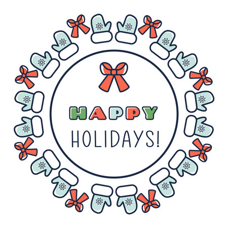 Christmas wreath frame. Hand drawn Circle design with bright holiday icons. Winter outline elements. Vector illustration for stickers, posters, wrapping paper, social media graphicsのイラスト素材