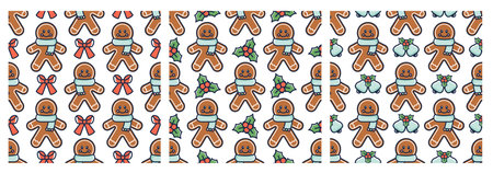Set of New Year  patterns with Christmas cookies. Gingerbread man with festive ribbon, jingle bells,...