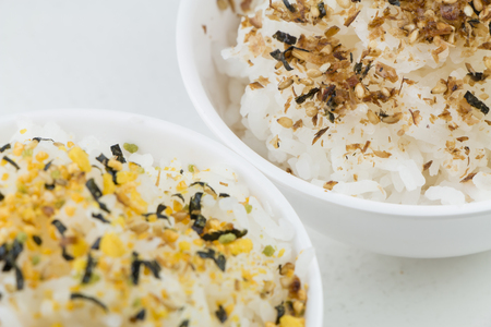 Two types of furikake on riceの写真素材