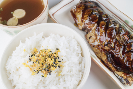 Japanese food set, Saba grilled, rice, furikake, miso soupの写真素材