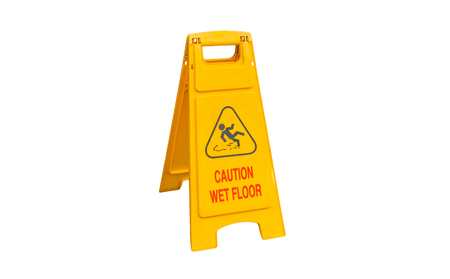 Sign showing warning of caution wet floor, isolated on whiteの写真素材