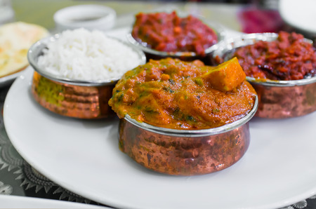 Set of Indian dish lunch including chicken masala curries and riceの写真素材