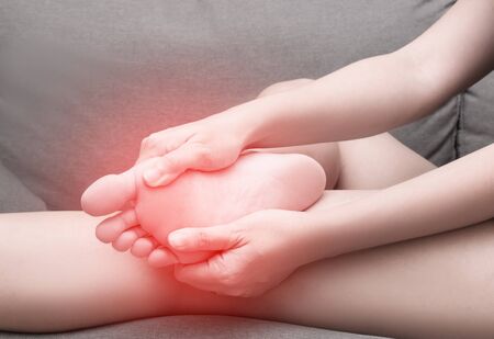 Female foot heel pain with red spot, Sesamoiditis syndromeの写真素材