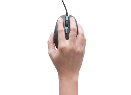Top view of female hands clicking computer mouse isolated on whiteの写真素材