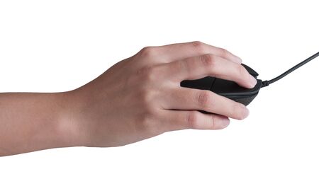female hands clicking computer mouse isolated on white backgroundの写真素材