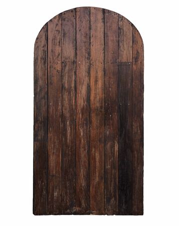 The entrance wooden door, decorated on ancient arch style, isolated on white backgroundの写真素材