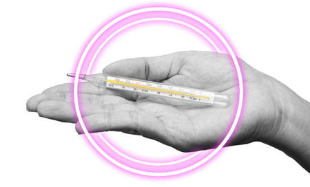 Closeup of hand holding clinical thermometer for checking temperature. Black and white tone with circle wave on thermometer. Diagnosis and test COVID-19 or Flu.の写真素材