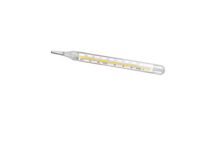Closeup of clinical thermometer for checking temperature. Diagnosis and test COVID-19 or Flu. Isolated on whiteの写真素材