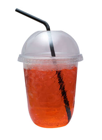 Plastic glass of lemon ice tea with black straw, isolated on white backgroundの写真素材