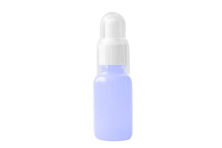 Mock-up of light blue glass dropper bottle on white background . Concept of skincare, cosmetics, body care, spa products. Retinol, vitamin Cの写真素材