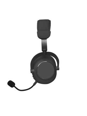 Side view of luxury high-quality black headphones on a white background. for online educational class lecture, consulting customer, playing online game.の写真素材