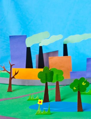photo of a paper illustration of pollution and factory atmospheric emissionの写真素材