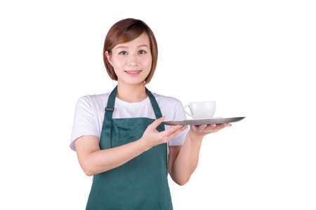 Waitress a tray with a cup of coffee or tea isolated on white background.の写真素材