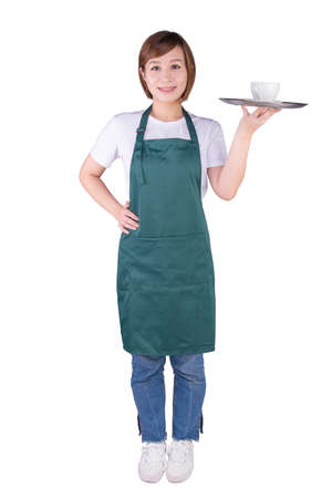 Waitress a tray with a cup of coffee or tea isolated on white background.の写真素材