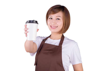A waitress holding a cup of coffee or tea isolated on white background.の写真素材