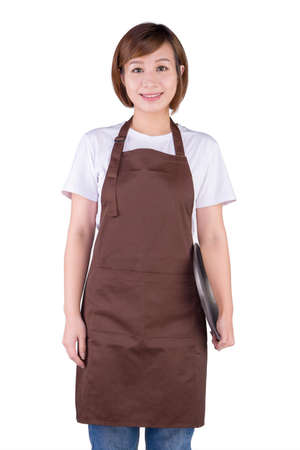 Waitress in apron holding a silver plate. Isolated on white background.の写真素材