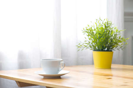A cup of coffee and a pot of plants on a wooden table by the window. Relax concept. Casual concept.の写真素材