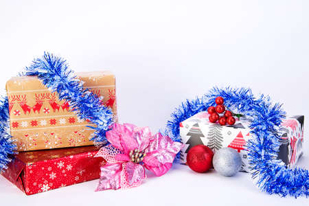 Christmas background. Many gift box and decorations.の写真素材