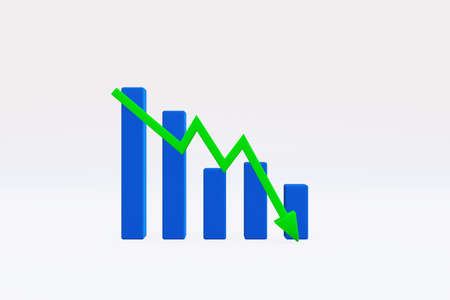 3D rendering-Graph trending downwards, Arrow pointing down on bar chart, 3D illustration