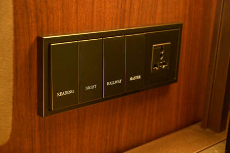 A closeup shot of modern black light switch on wooden wall, interior, style.の写真素材