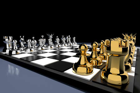 Metal chess pieces on chess boardの写真素材