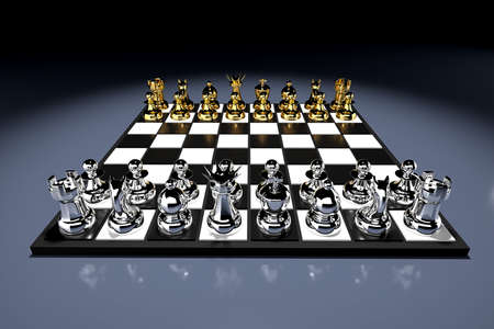 Metal chess pieces on chess boardの写真素材