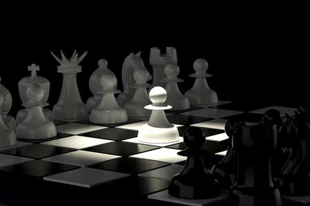 Plastic chess pieces on chess board. White pawn take first stepの写真素材