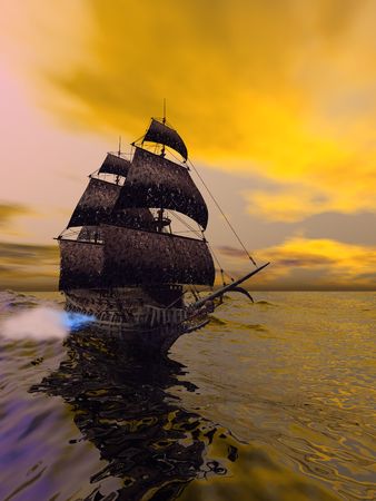 The Flying Dutchman, according to folklore, is a ghost ship that can never go home, doomed to sail the oceans forever. The Flying Dutchman is usually spotted from far away, sometimes glowing with ghostly light. It is said that if hailed by another ship, iの写真素材