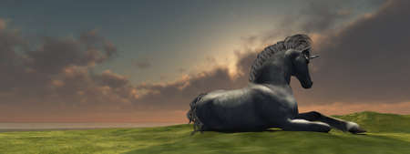 Magic Unicorn - A beautiful unicorn lies down to rest as the sun goes down for the day.の写真素材