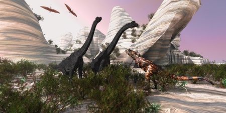 Carnotaurus - A Carnotaurus dinosaur approaches two huge Brachiosaurus for a battle while two Pterodactyls watch.の写真素材