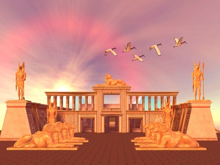 Egyptian Kingdom 01 - A flock of Sacred Ibis birds fly over an Egyptian palace and its entrance lined with Ram God Khnum statues.の写真素材
