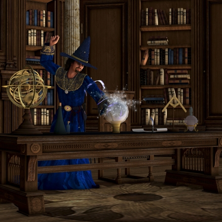 Magician 01 - A wizard makes a magic potion brew in his library full of books の写真素材