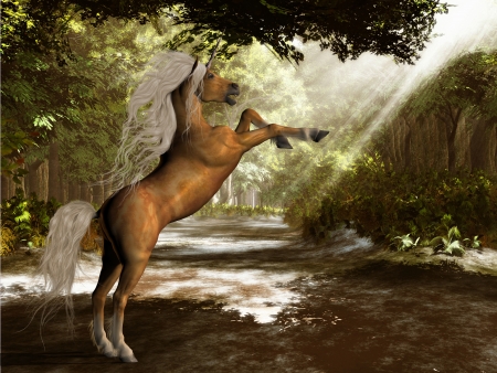 Forest Unicorn - A palomino colored unicorn rears up announcing that he owns this territory の写真素材